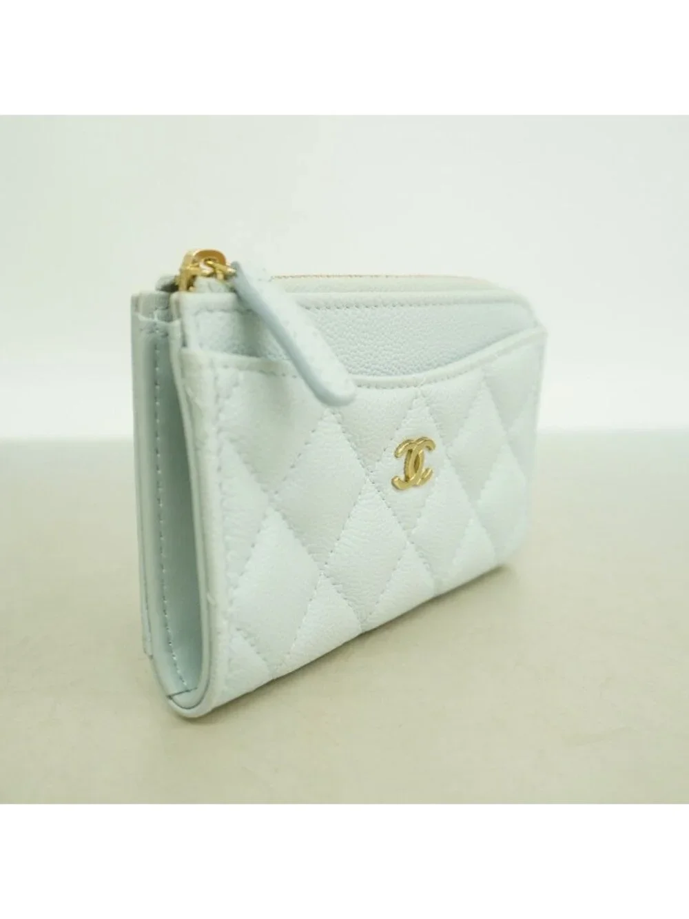 Chanel Coin Case Quilted Caviar Leather Light Blue Champagne Gold